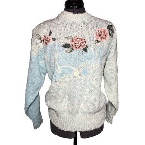 Vtg 90s Sweater Needles & Yarn Floral Pastel Blue Pullover Cottagecore B43 L